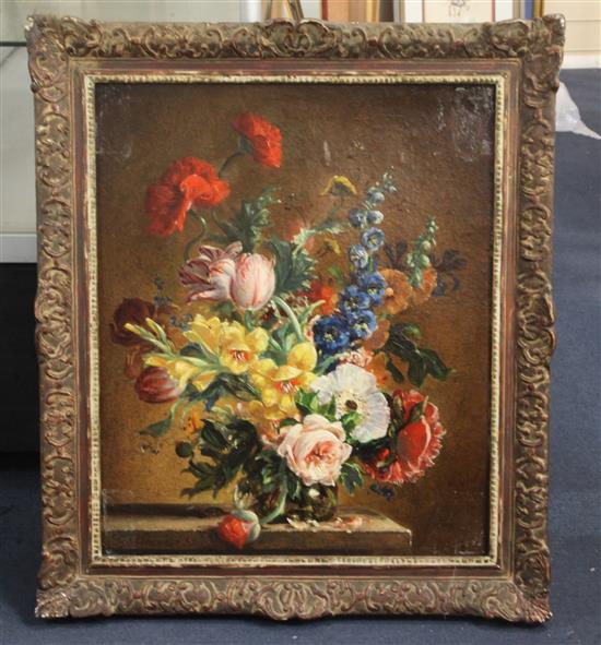 § Stuart Somerville (1908-1983) Still life of flowers in a vase upon a ledge 23.5 x 19.5in.